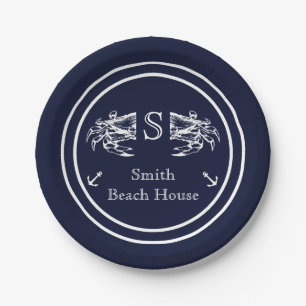 Assiettes En Carton Nautique Crabe Bleu Marine Blanc Monogrammé