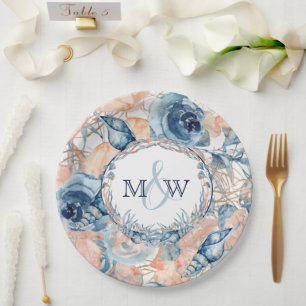 Assiettes En Carton Nautique Mariage Beach Sea Shell et Roses,