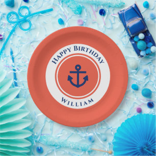 Assiettes En Carton Nautique Marine Bleu Orange Blanc Anniversaire