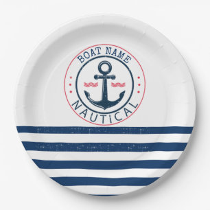 Assiettes En Carton Nautique, Nom du bateau, Ancre Bleu de la Marine