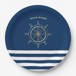 Assiettes En Carton Nautique, Roue de bateau dorée, Rayures bleu marin