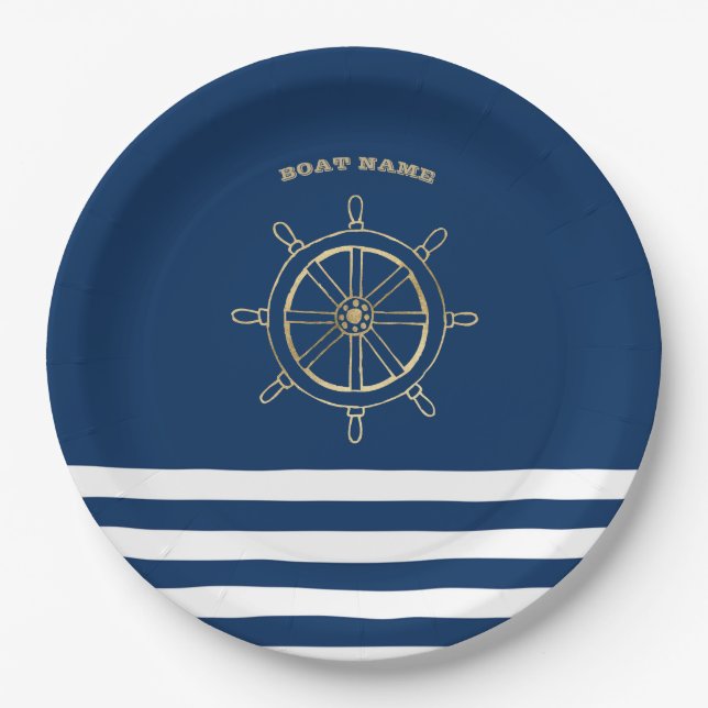 Assiettes En Carton Nautique, Roue de bateau en or, Bleu de marine (Devant)
