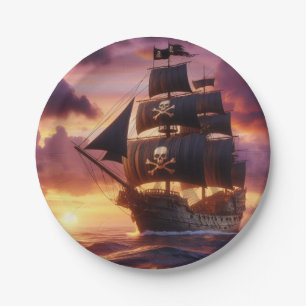 Assiettes En Carton Navire pirate au lever/coucher du soleil