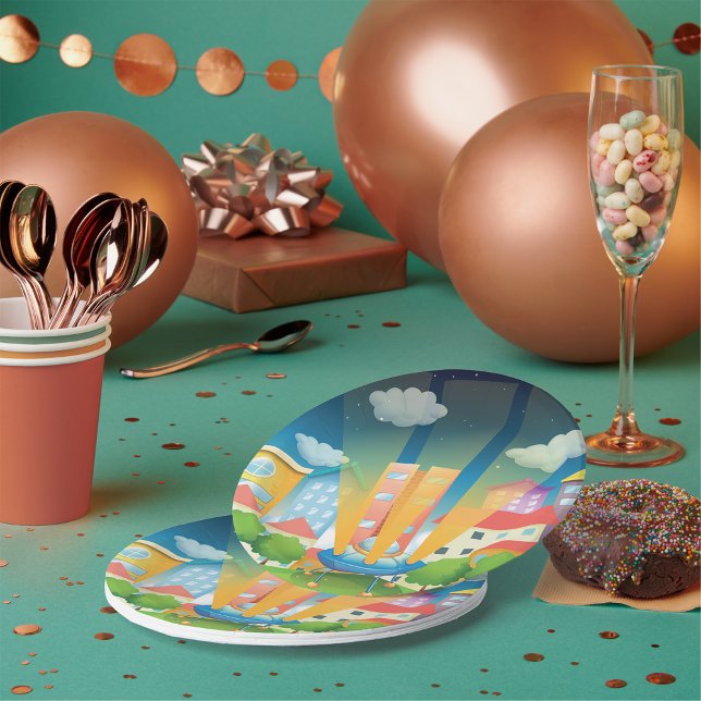 Assiettes En Carton Navire Spatial Dans Les Plaques Papier De La Ville (Créateur téléchargé)