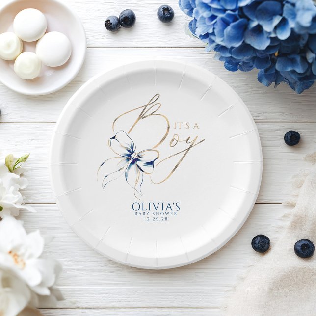 Assiettes En Carton Navy Blue Bow It's a Boy Baby Shower (Navy Blue and Gold Baby Shower Paper Plates)