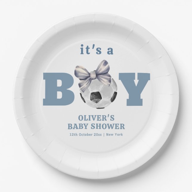 Assiettes En Carton Navy Blue Bow Soccer Sport Boy Baby Shower  (Devant)