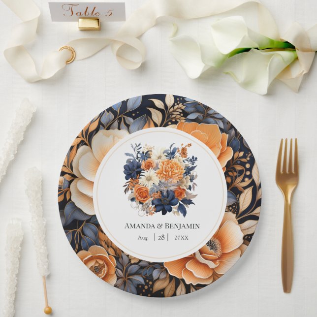 Assiettes En Carton Navy Blue, Burnt Orange & Champagne Fleurs de Mari (Mariage)