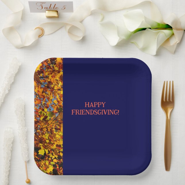 Assiettes En Carton Navy Blue & Feuilles Thanksgiving Friendsgiving (Mariage)