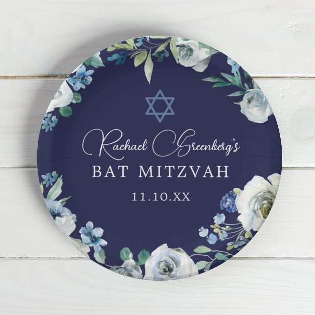 Assiettes En Carton Navy Blue Floral Star of David Bat Mitzvah Party (Créateur téléchargé)