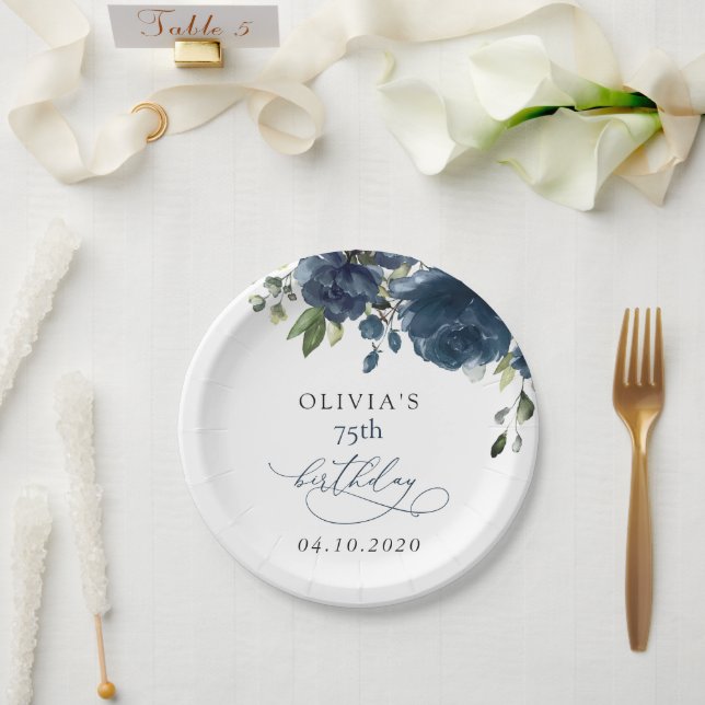 Assiettes En Carton Navy Blue Flowers, Greenery, Boho, Birthday (Mariage)