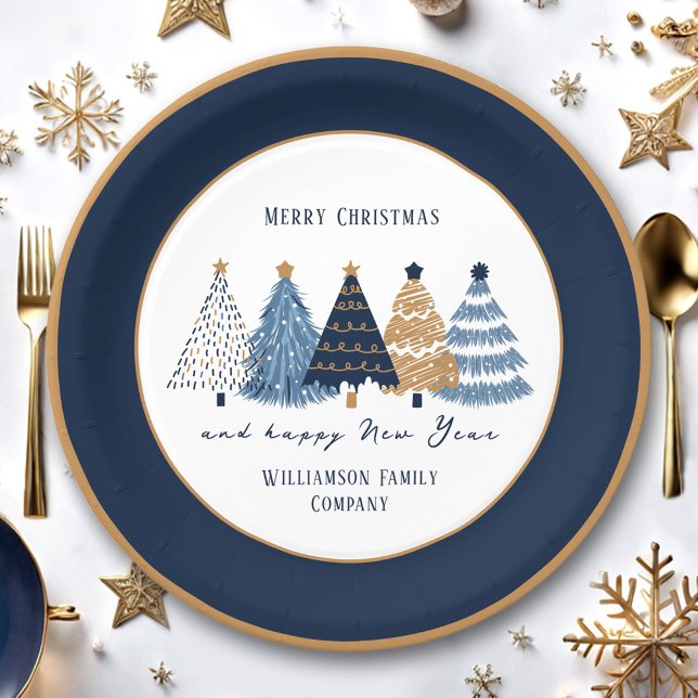 Assiettes En Carton Navy Blue Trees Nom du texte Fêtes de Noël moderne (Navy Blue Trees Taxt Modern Christmas Holiday Paper Plates)