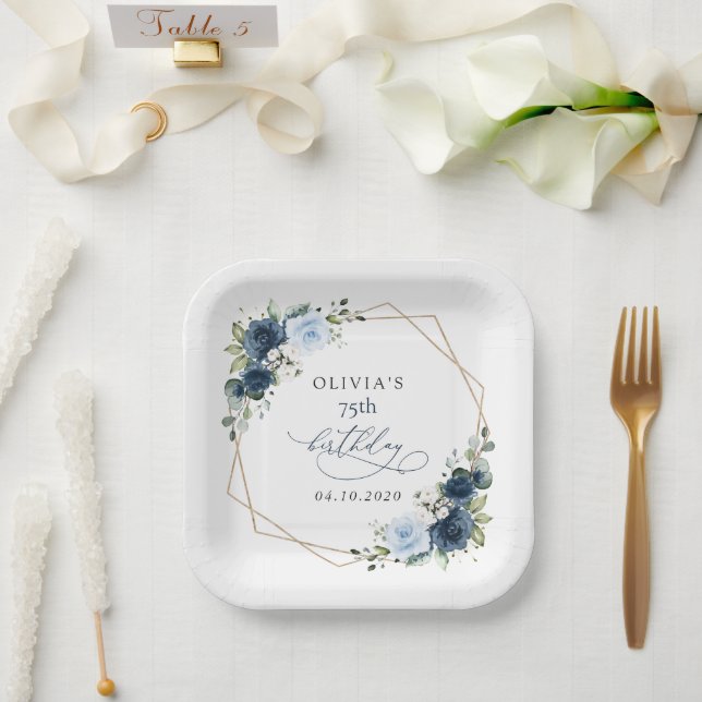 Assiettes En Carton Navy Flowers, Blue Flowers, Greenery, Birthday (Mariage)
