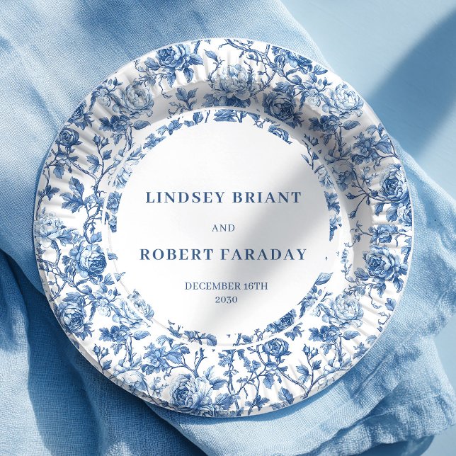 Assiettes En Carton Navy Roses Floral Chic Wedding Paper Plates (French toile de jouy roses,
Luxurious navy flowers paper plates,
dusty Blue flowers botanical garden)