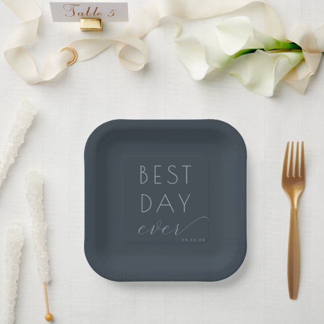 Assiettes En Carton Navy Typographique Élégant (Mariage)