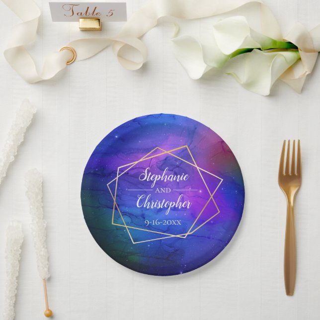 Assiettes En Carton Nebula violette Art Celestial Mariage d'or géométr (Mariage)