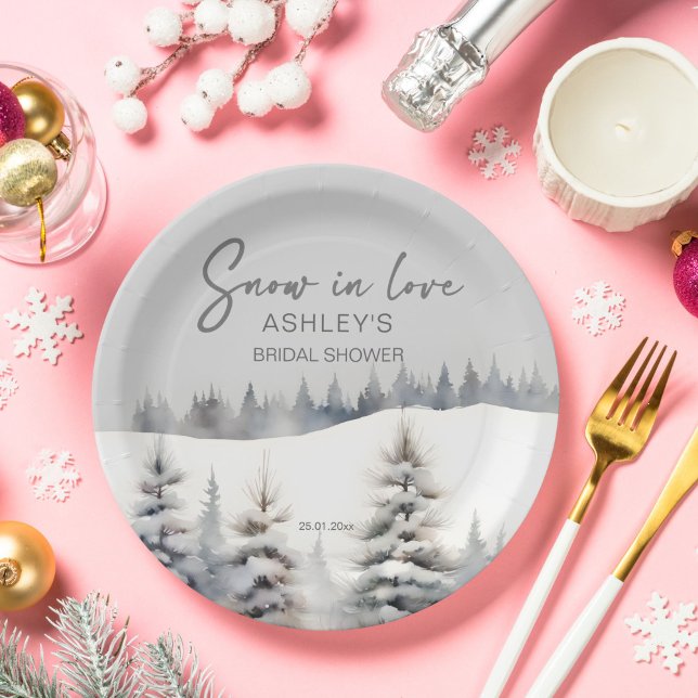 Assiettes En Carton Neige amoureuse douches nuptiales de la pinède d'h (Snow in love winter pine forest bridal shower template paper plates personalized tableware )