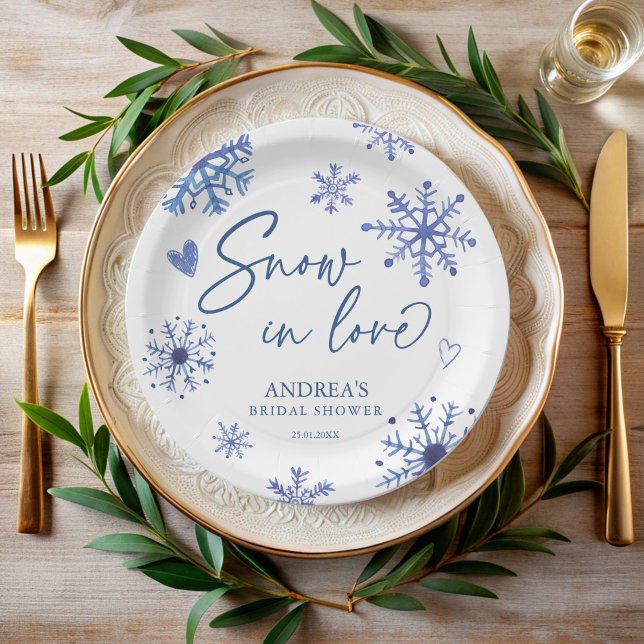 Assiettes En Carton Neige en flocons de neige d'amour douche de mariag (Snow in love snowflakes winter bridal shower monogrammed printed paper plates personalized decor)