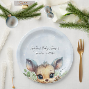 Assiettes En Carton Neige froide à l'extérieur Baby shower bleu Cerf