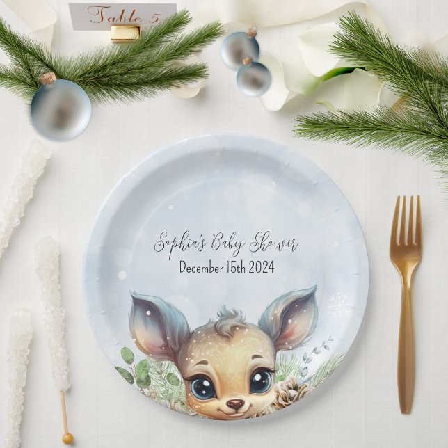 Assiettes En Carton Neige froide à l'extérieur Baby shower bleu Cerf (Cute Winter Baby Shower Paper Plate with Deer and Snow)