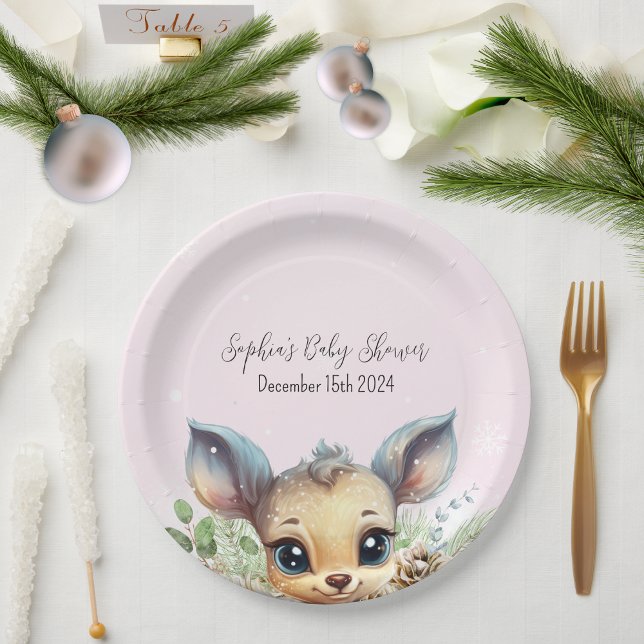 Assiettes En Carton Neige froide à l'extérieur Baby shower rose Cerf (Adorable Pink Winter Baby Shower Paper Plate with Cute Deer)