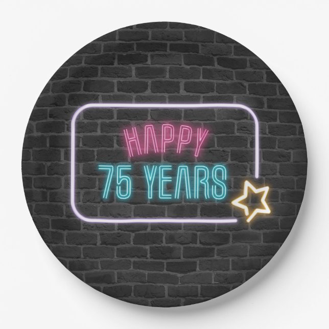 Assiettes En Carton Neon 75e Marque d'anniversaire sur mur de briques (Devant)