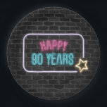 Assiettes En Carton Neon 90th Birthday Marquee On Brick Paper Plate<br><div class="desc">Panneau de néon brillant sur mur de briques grises grasses pour 90e anniversaire</div>