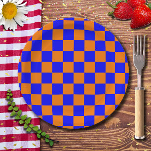 Assiettes En Carton Neon Blue Orange À damiers Checkerboard Vintage