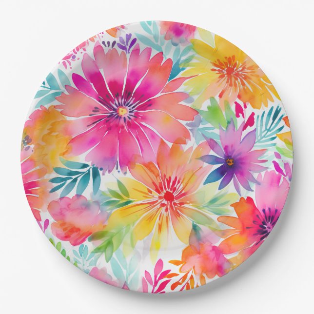 Assiettes En Carton Neon Floral Watercolor Party (Devant)