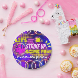 Assiettes En Carton Neon Glow Purple Girl's Bowling Birthday Party