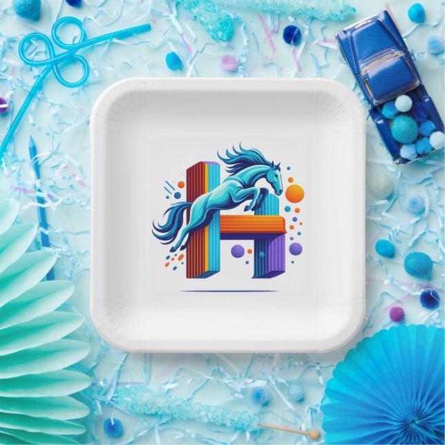 Assiettes En Carton Neon Horse Jump Over H Letter (Fête)