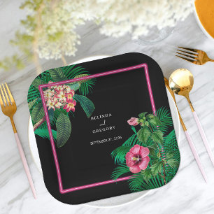 Assiettes En Carton Neon Pink Tropical Retro Botanical Mariage