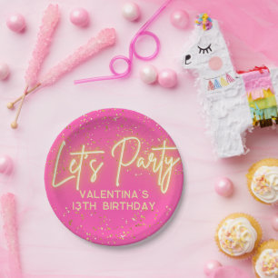 Assiettes En Carton Neon rose chaud moderne brillant Faisons la fête A