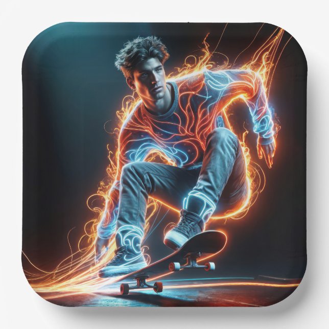 Assiettes En Carton Neon Skateboarder Avec Des Pistes Fluisantes (Recto)