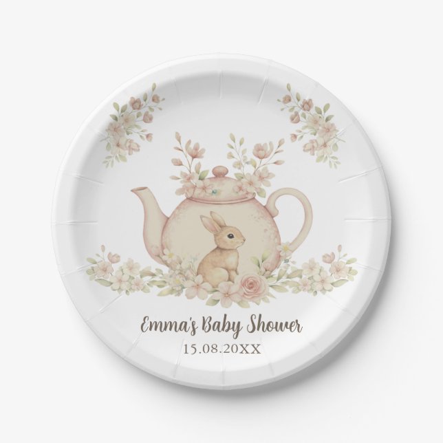 Assiettes En Carton Neutral Bunny & Floral Teapot Baby Shower  (Devant)
