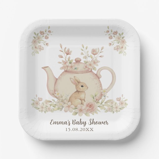 Assiettes En Carton Neutral Bunny & Floral Teapot Baby Shower  (Recto)