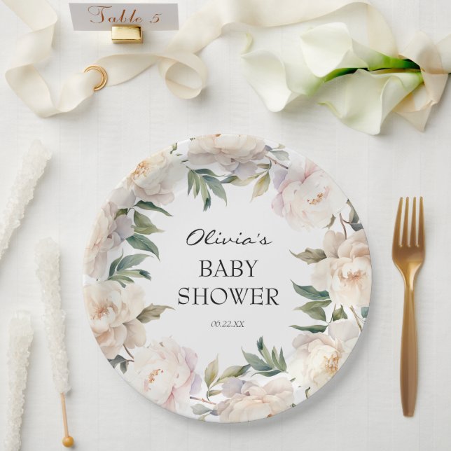 Assiettes En Carton Neutral Peony Wreath Garden Baby Shower (Mariage)