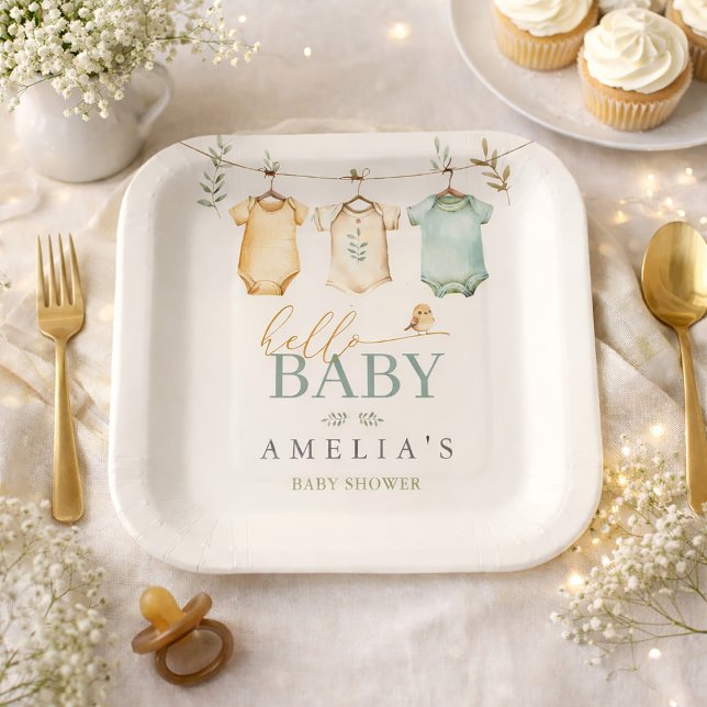 Assiettes En Carton Neutral Watercolor Baby Clothesline Baby Shower (Neutral Watercolor Baby Clothesline Baby Shower Paper Plates)