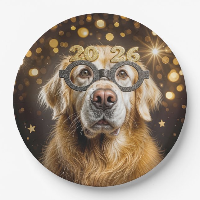 Assiettes En Carton New Year 2026 Golden Retriever Humor (Devant)