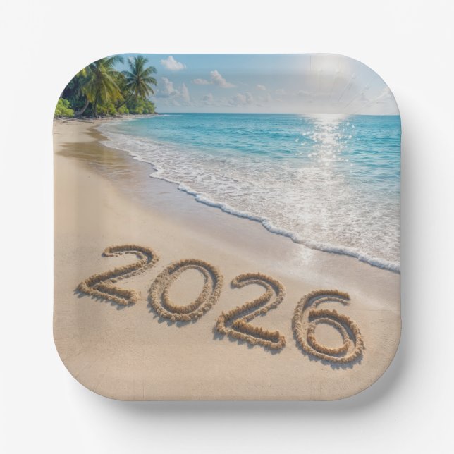 Assiettes En Carton New Year 2026 Text On a Tropical Beach (Recto)