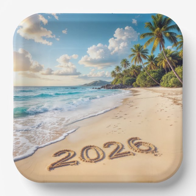 Assiettes En Carton New Year 2026 Tropical Island Beach Scene (Recto)