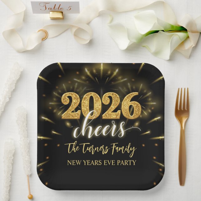 Assiettes En Carton New Year's Eve 2026 Party Gold & Black (Mariage)