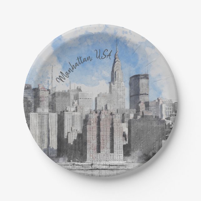 Assiettes En Carton New York City Manhattan Skyline - moderne (Devant)