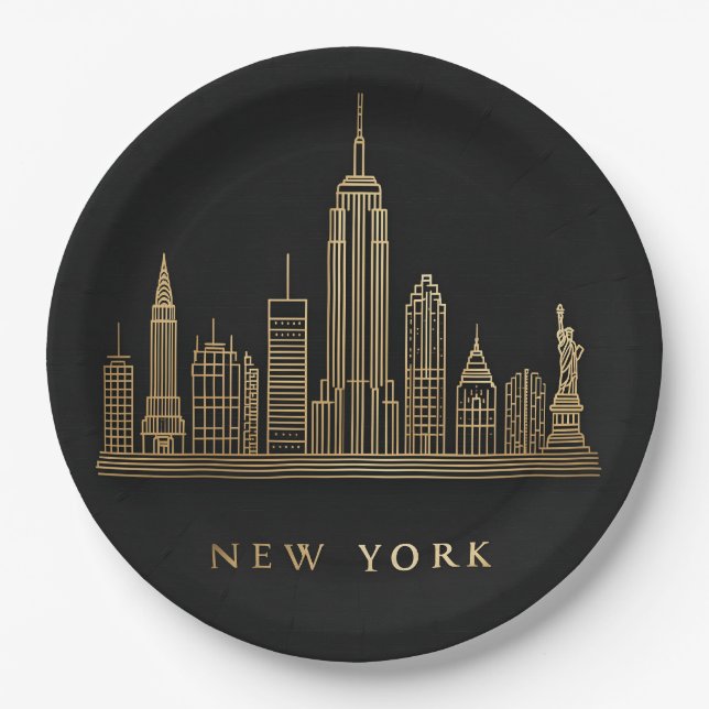 Assiettes En Carton New York Skyline Gold Line Art (Devant)