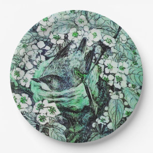 Assiettes En Carton NID D'OISEAU PARMI LES FLEURS DE PRINTEMPS ,Blanc