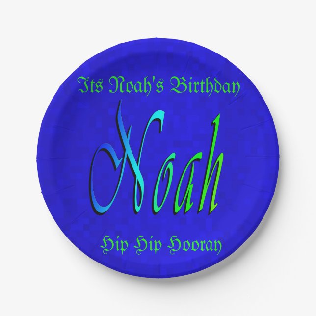 Assiettes En Carton Noah, Nom, Logo, Plaque Papier Bleu Anniversaire. (Devant)