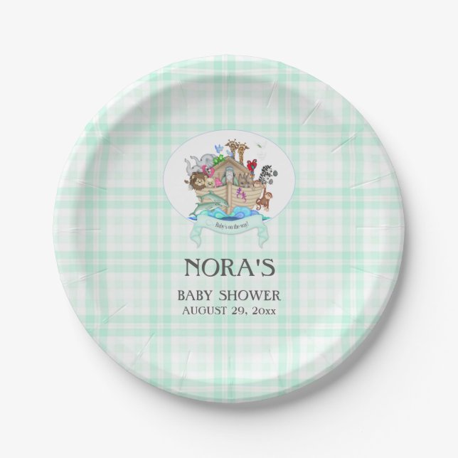 Assiettes En Carton Noah's Ark Animals Mint Green En vichy (Devant)