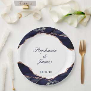 Assiettes En Carton Noces Agate Navy Rose Or Élégant