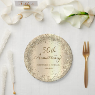 Assiettes En Carton Noces de mariage 50 ans à paillettes dorées métall