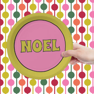 Assiettes En Carton Noel 1970s Retro Lettering Pink and Lime Christmas