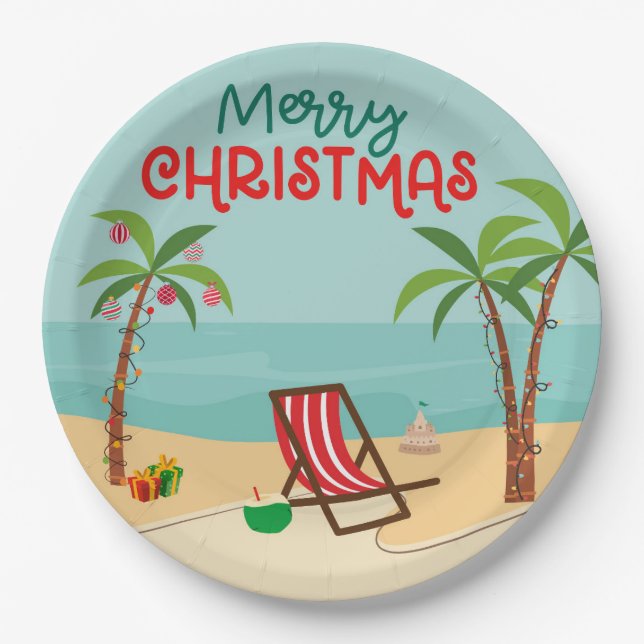 Assiettes En Carton Noël à la plage (Devant)